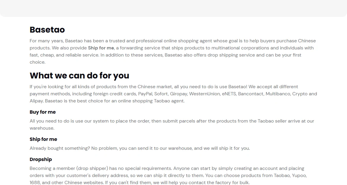 Basetao About page describing itself as an online shopping agent with Ship for me forwarding and a dropship service