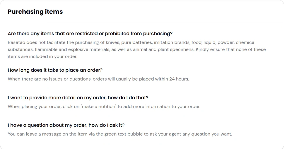 Basetao FAQ, Purchasing items section, naming the make a notition field and the green text bubble for questions about an order