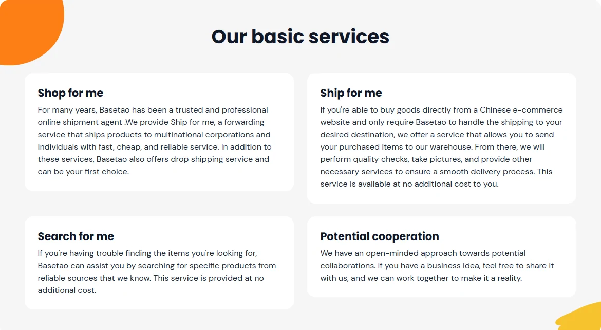 Basetao’s basic services panel showing purchase, forwarding and product search