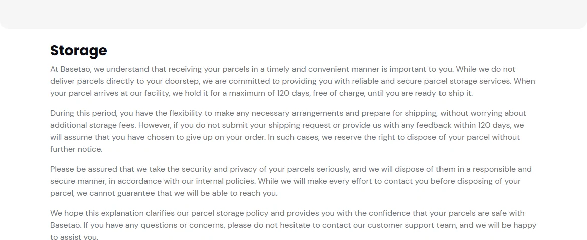 Basetao storage policy page stating 120 days of free storage and what happens to a parcel after that window closes